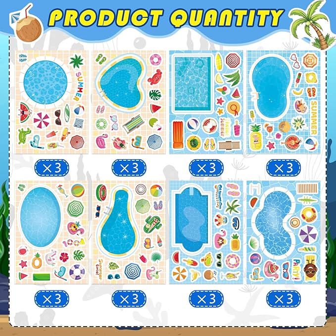 24 Sheets Summer Stickers for Kids, Make a Pool Sticker, Make Your Own Stickers Mix & Match Craft Kit for Summer Party Favors & Activities