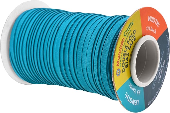 Mandala Crafts 55 Yards 1/4 Inch Teal Double Fold Bias Tape for Sewing - Bias Binding Tape for Quilting Binding, Hemming, Seam, and Fabric Piping