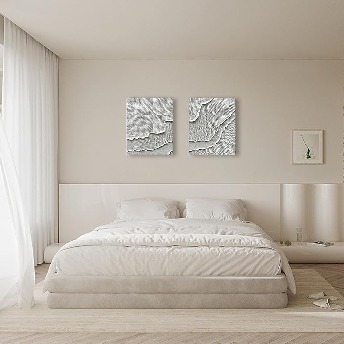NANKAI Art Hand-Drawn Abstract Oil Painting with White Texture. Romantic sea Wave Landscape Painting. Decorative Art Piece for Home or Office Wall. 20x24 inches x 2