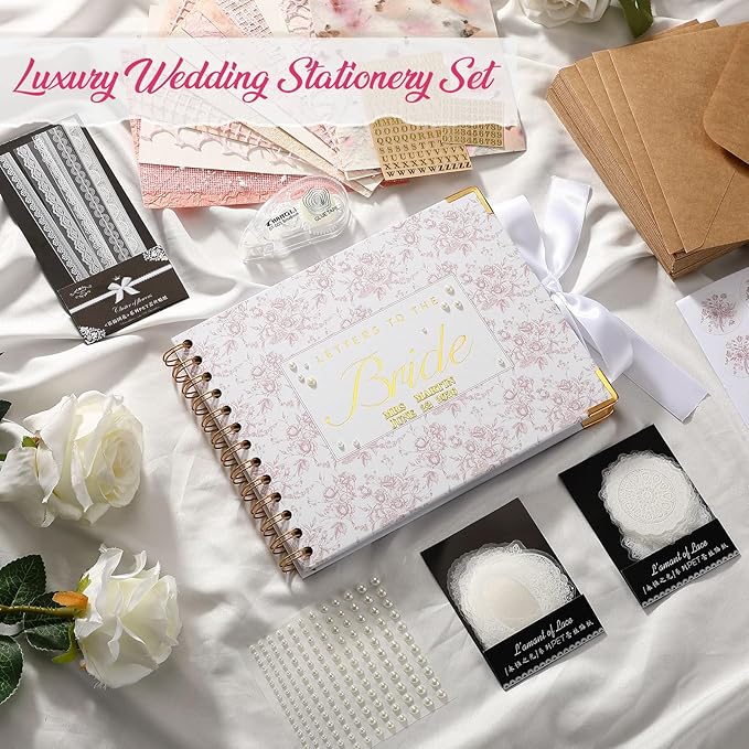 Humyoun 8.5 x 7 Inch Wedding Guest Book Letters to The Bride Scrapbook Wedding Memory Book Bridal DIY Blank Paper Scrapbook Photo Album Guest Sign with Pearl Stickers(157 Pcs,Pink Floral)