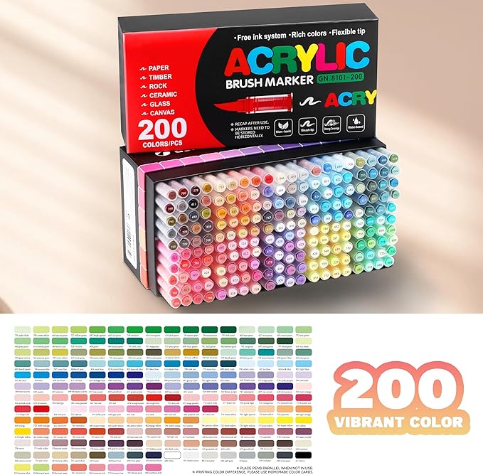 200 Colors Acrylic Paint Markers, Soft Brush Tip Acrylic Paint Pens for Stone, Wood, Glass, Rock Painting, Canvas, Ceramic, DIY Crafts Art Supplies (200)