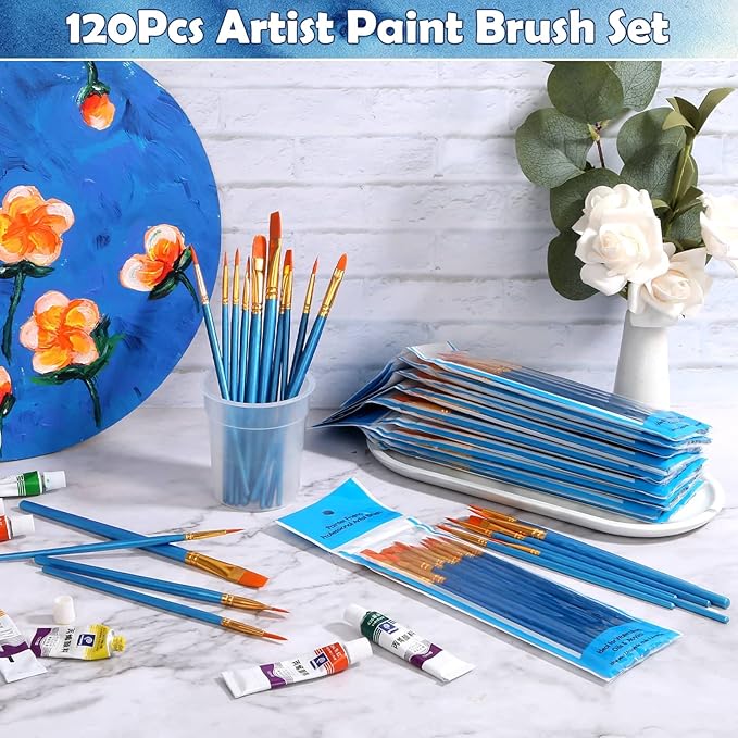 Paint Brushes for Acrylic Painting, 120 Pcs Paint Brushes Set Acrylic Painting Brushes Bulk Multipurpose Brush for Canvas Watercolor Face Painting Fabric Rock Pumpkin