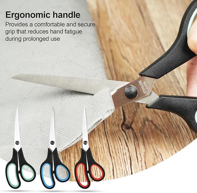 3-Pack 8" Heavy Duty Scissors with Ultra Sharp Blades and Comfort Grip Handles - For Office, Home, School, Sewing, and Crafts (Black Green/Black Red/Black Blue)
