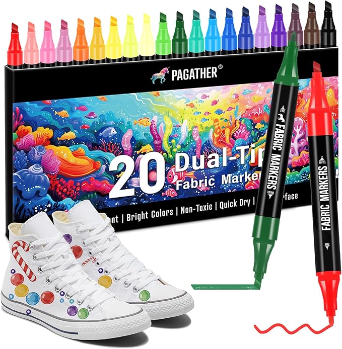 Fabric Markers Permanent for Clothes, 20 Colors Dual Tip with Fine and Chisel Tips Paint Pens for Clothing Canvas Tote Bags T-Shirt and Shoes, Non Toxic Ink for Kids and Adults