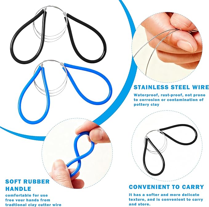 Clay Cutting Tools for Pottery Artists - 2 Pack Steel Wire Clay Cutters with Handles for Pottery Wheel, Trimming and Modeling (Blue & Black)
