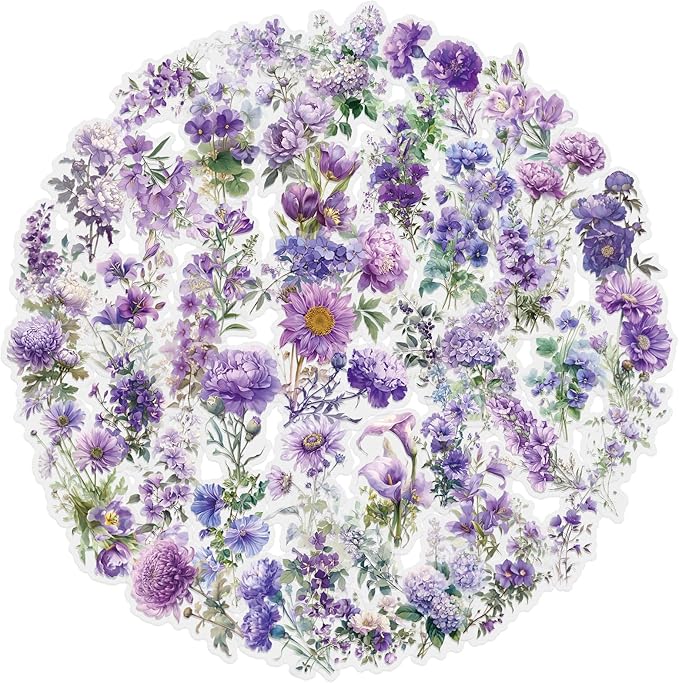 50pcs Purple Flower Stickers for Scrapbooking - Waterproof Transparent Floral Botanical Sticker for Journaling, Crafts, Art Projects, Glass Potion Bottles