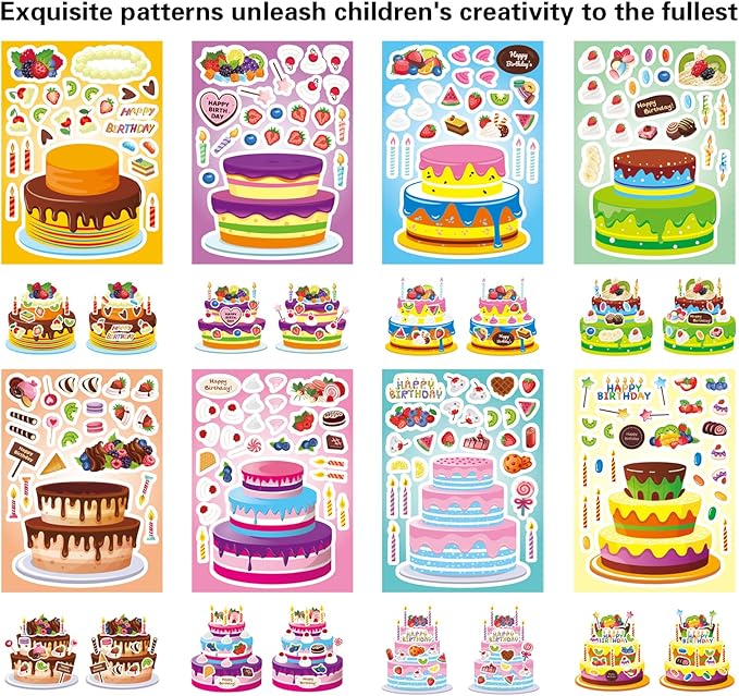 DUJAA 24 Sheets Birthday Stickers, Make-a-Cake Sticker for Kids, Birthday Cake Sticker Set, Color, Cartoon Style, Paper Material, Indoor Use, Kids' Party Gift, Scrapbook Decor, 24 Count
