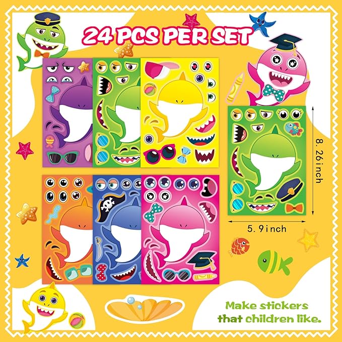 24 Sheets Make a Shark Stickers for Kids, Ocean Animals Arts and Crafts, Make Your Own Sea Animal Sticker for Party Favors, Summer Stickers for Kids Classroom Activities Teacher Reward