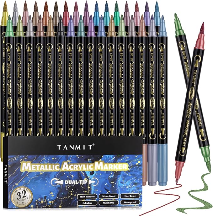 TANMIT 32 Colors Metallic Marker Pens, Dual Tip Acrylic Paint Pens Markers for Black Paper, Scrapbooking, Rock Painting, Wood, Canvas, Stone, Glass, Ceramic, DIY Crafts Making Art Supplies
