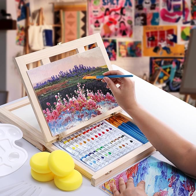 Wooden Tabletop Art Easel Set for Painting, 54 Pieces Starter Acrylic Paint Set with 24 Colors Acrylic Paints, Canvases, Sketch Pads, Brushes and Palette for Beginners Young Artists and Adults