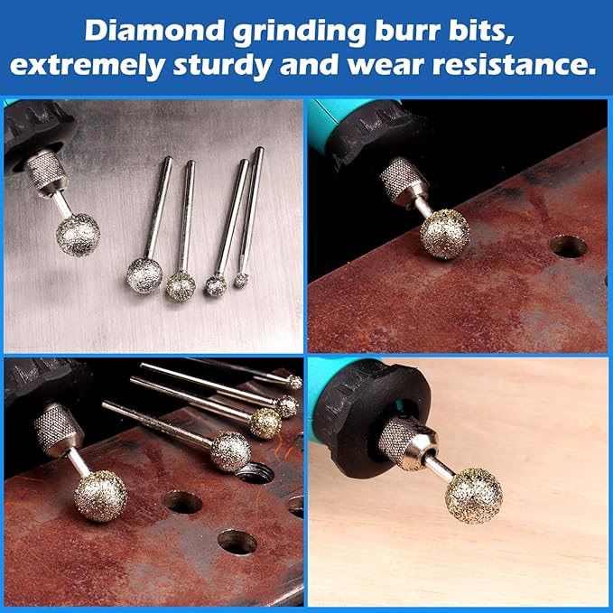 1/8 Shank Diamond Grinding Burr Drill Bit Ball Shape Diamond Rotary Bit,15pcs 36# Course Burrs Set Mounted Points Bit Universal Fitment Rotary Tool for Stone Carving, DIY,Polishing, Engraving