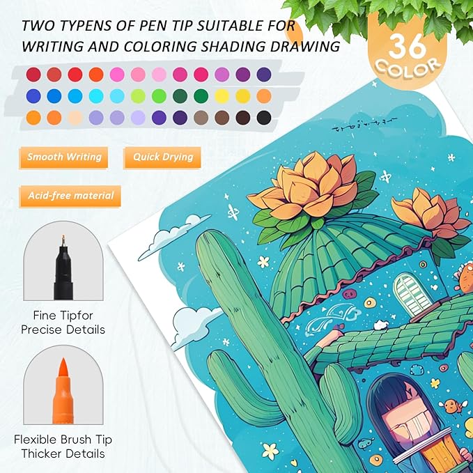 Adult Coloring Book, Mindfulness Adult Coloring Book for Women Relaxation Spiral Bound with 36 Colors Markers, Dual Tip (Brush and Fine Point), Gift for Women to Relax Anxiety