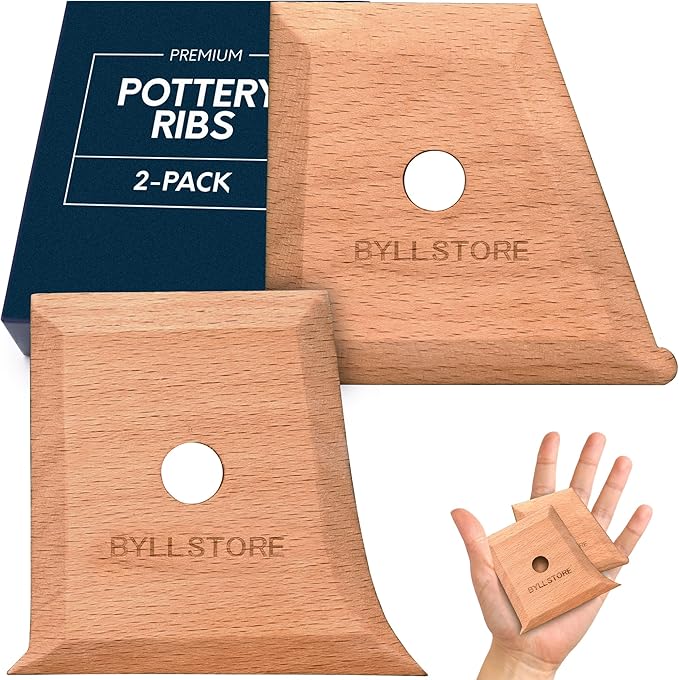 Byllstore Pottery Ribs & Trimming Tools | 2 Foot Shaper Tools | 4 Clay Texture Ribs | Solid Beech Wood | Several Pack Options (2-Pack)