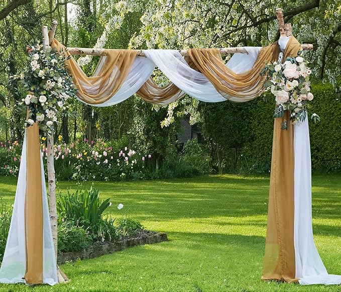 Warm Home Designs Wedding Arch Draping Fabric Bundle - 2 x 144 Inch (12 Feet) Scarves in Caramel Gold & White for Wedding Ceremony or Decoration. AD White & Gold 144”
