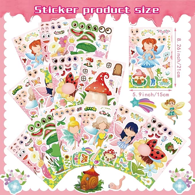 24 PCS Fairy Stickers for Kids, Make a Face Sticker with 8 Unique Designs Fairy, Frog, Mushroom, Make Your Own Stickers for Girls Birthday Party Favors, Goodie Bags, DIY Crafts