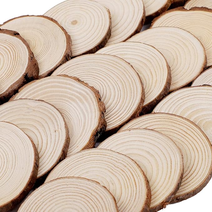KINJOEK 24 PCS Natural Wood Slices 3.5-4 Inch with Bark Unfinished Wood Circles for Coasters DIY Crafts Wedding Decorations Christmas Ornaments