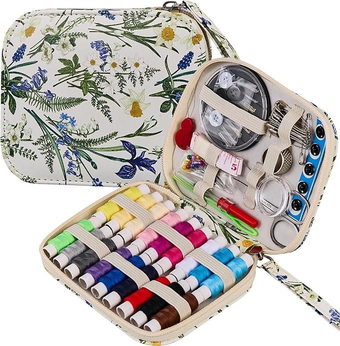 Printing Sewing Kit Bluebell Pattern Sewing Set Travel Sewing Supplies with Zipper Sewing Kit Case, 87 PCS Professional Sewing Accessory for Emergency, Home