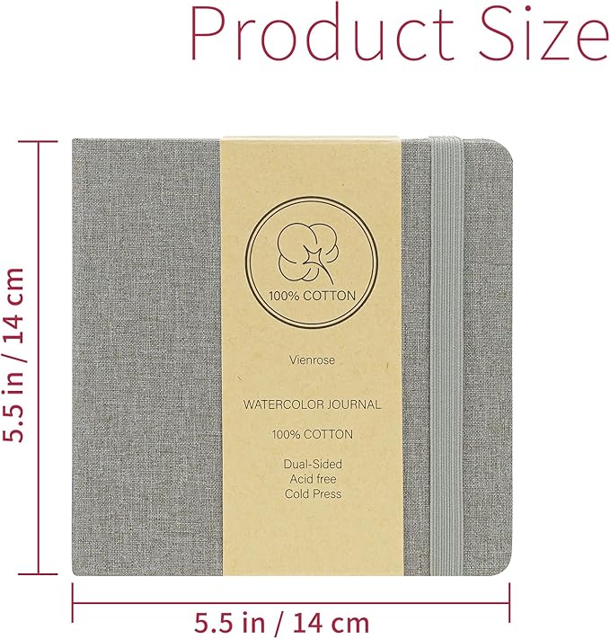 Vienrose Watercolor Sketchbook, 5.5"x5.5" Watercolor Journal with 24 Sheets 140 LB (300 GSM) Cotton Watercolor Paper, Grey Linen Cover Water Coloring Sketch Book As Travel Notebook