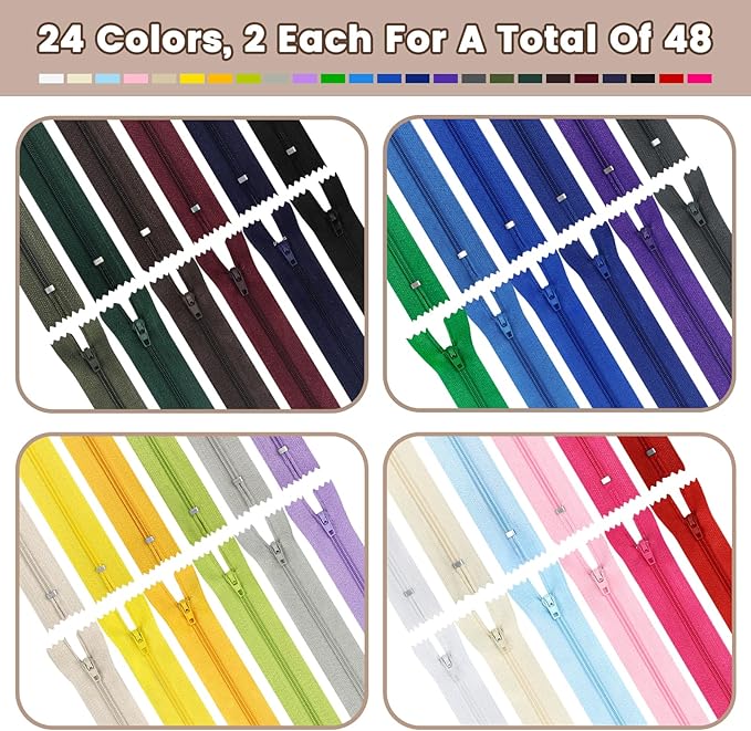 Zippers for Sewing, DOITEM Nylon Coil Zippers, 48 pcs 30 cm /12 Inch and 20 cm/8 Inch Multicolor Nylon Coil Zips for Sewing and Crafts 24 Colors, 8Inch 10Inch 48pcs