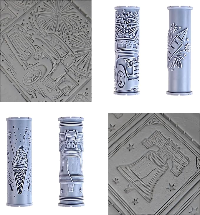 Americana Icons Collection Clay Texture Rollers 4-Pack (4") - America Set #01 - Embossing Pattern Rollers for Polymer & Ceramic Clay, Pottery & Crafts