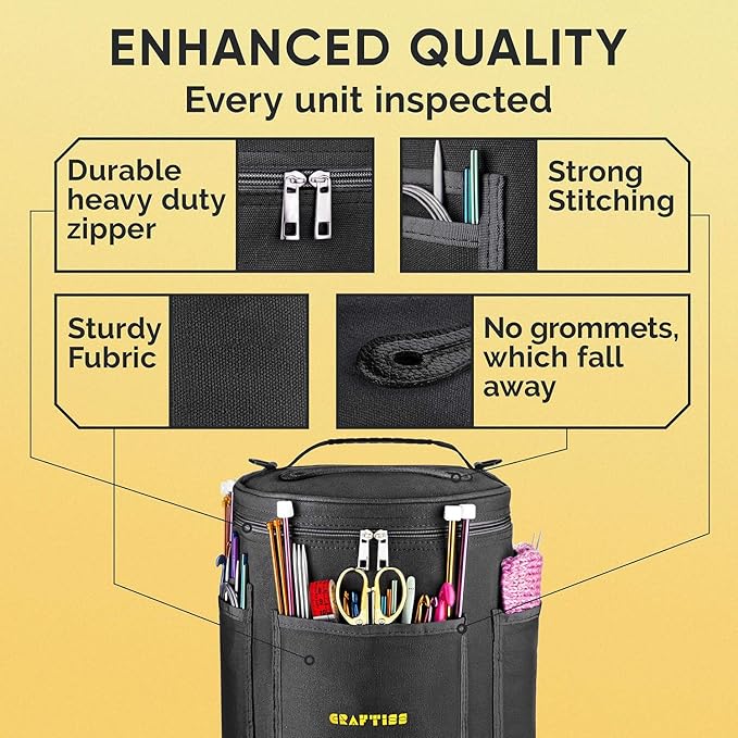 CRAFTISS Knitting Bag Yarn Storage - Christmas Gift - Durable Canvas Yarn Holder for Crochet Accessories - Organizer Crochet Bag with Knitting Accessories Case (Black)