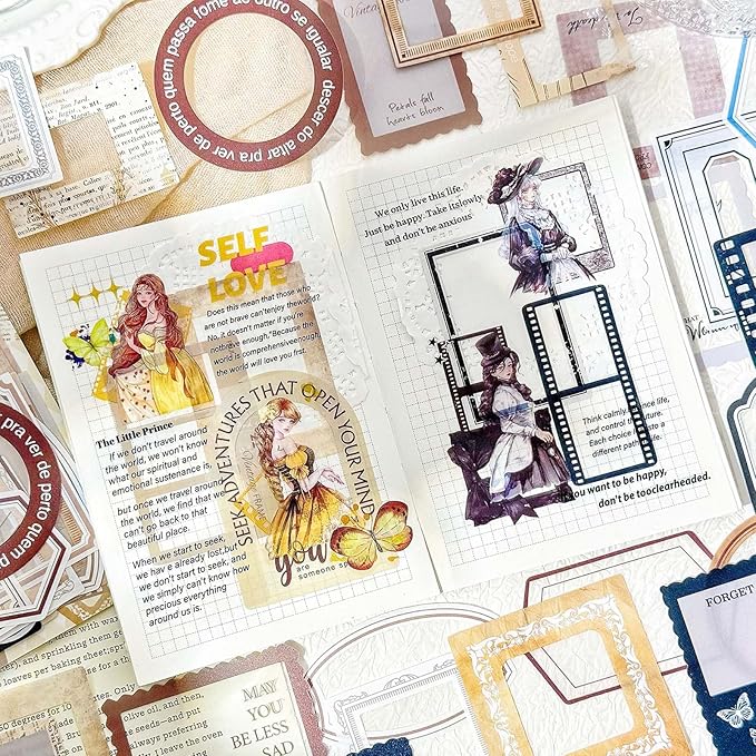 120PCS Retro Border Stickers Pack of 4 Styles, 30 Sheets Each with Texture, Die-Cut Waterproof PET Decals for Scrapbooking Journaling Planners
