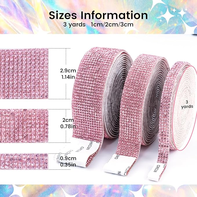 Novani Self Adhesive Rhinestone Ribbon, 0.78 Inch Wide 3 Yards 1 Roll, Pink Crystal Diamond Bling Strips for DIY Crafts,Home Decor,Glitter Glass Rhinestones Tape for Crafting,Car Decoration