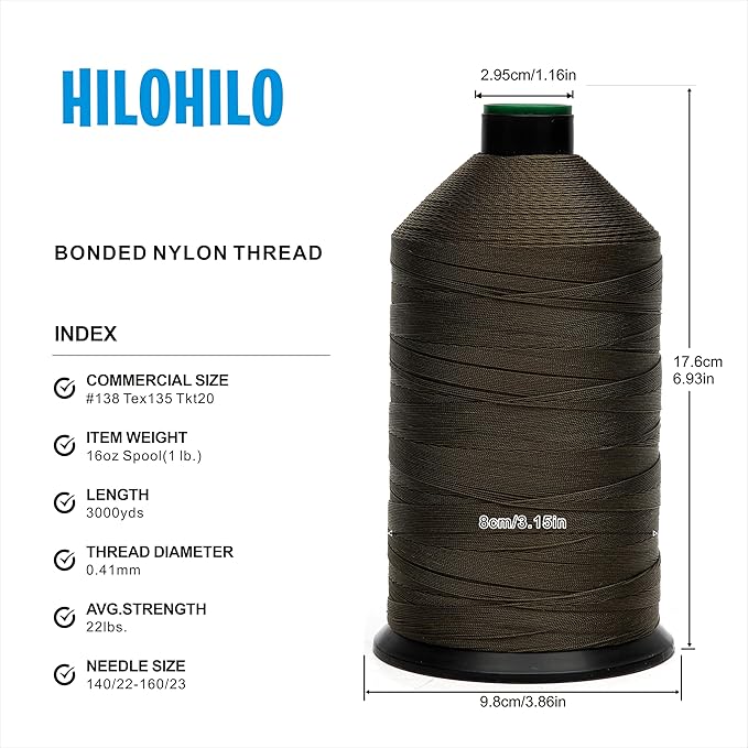 Extra Strong Bonded Nylon Thread #138 Tex135 – 16 OZ, 3000yds, Versatile Stitching Solution for Leather, Upholstery, Canvas Repair and More (Army Green)