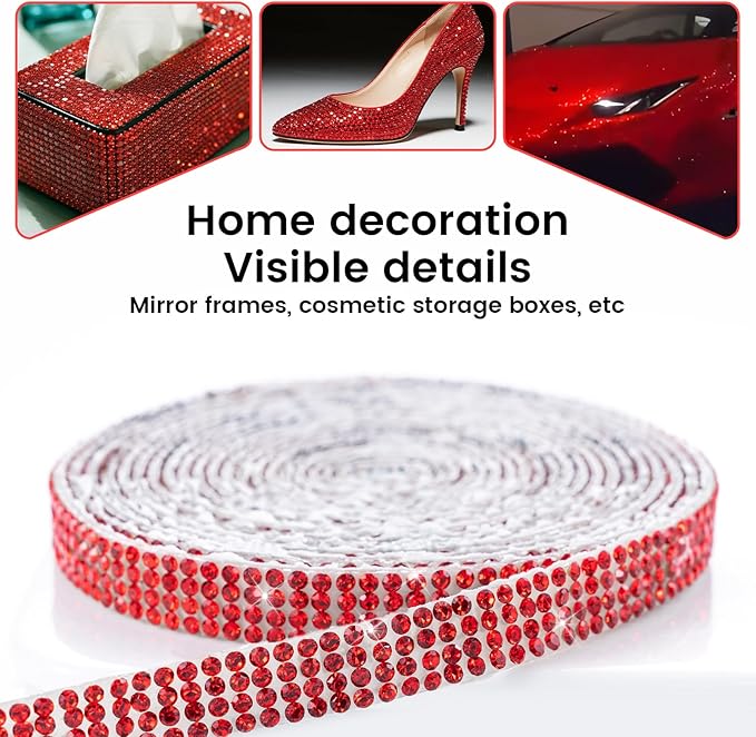 Novani Self Adhesive Rhinestone Ribbon, 0.35 Inch Wide 3 Yards 1 Roll, Red Crystal Diamond Bling Strips for DIY Crafts,Home Decor,Glitter Glass Rhinestones Tape for Crafting,Car Decoration