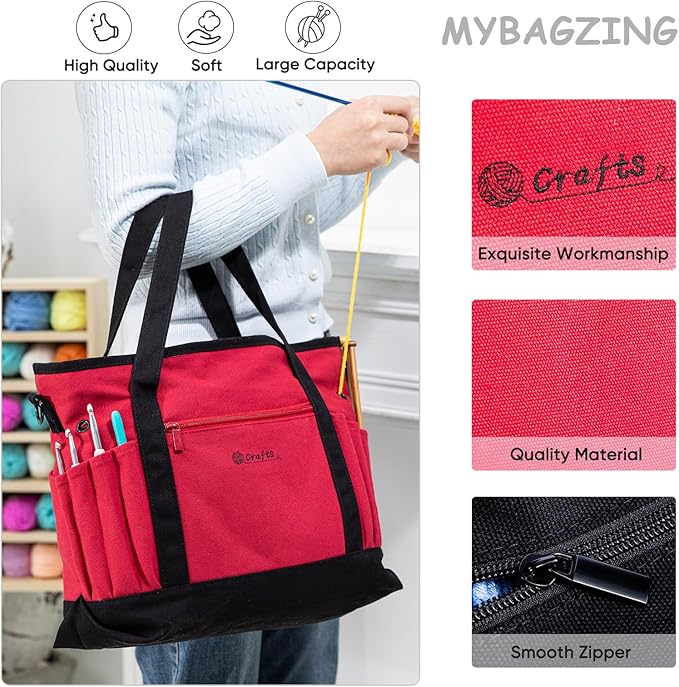 MYBAGZING Canvas Yarn Storage Organizer Bag Washable Crochet Bag with Pockets for Yarn, Hooks, Needles – Travel Knitting Tote for Crafters – Gift for Crocheters & Knitters (Medium/Large)