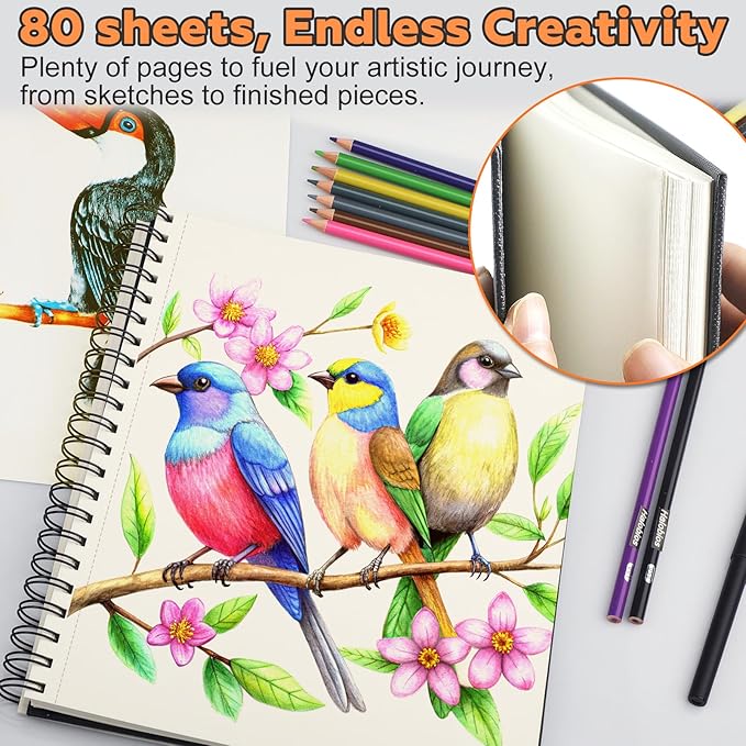 Joibabe Sketch Book 9" x 11"，2 Pack 80-Sheets (68lb/100gsm)，Double-Sided Hardbound Sketchbook, Spiral Bound,Acid Free Painting Art Paper for Kids and Adults