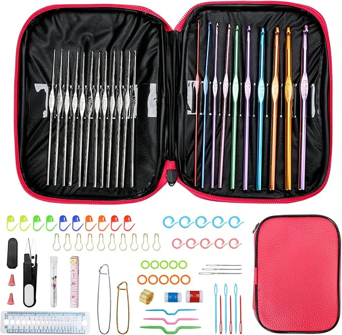 KOKNIT Crochet Hooks Set with Storage Case, Soft Grip Ergonomic Crochet Needles, Smooth Coloured Aluminum Yarn Crochet Hooks Crochet Kit with Crochet Tools Supplies and Accessories (Beginners)
