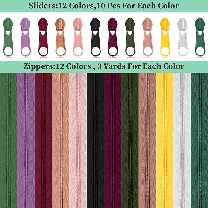Syhood 36 Yards 12 Pieces #5 Sewing Zippers Tapes Assorted Nylon Lightweight with 120 Plastic Zipper Sliders for Women Men Sewing Supplies(Vintage Color)