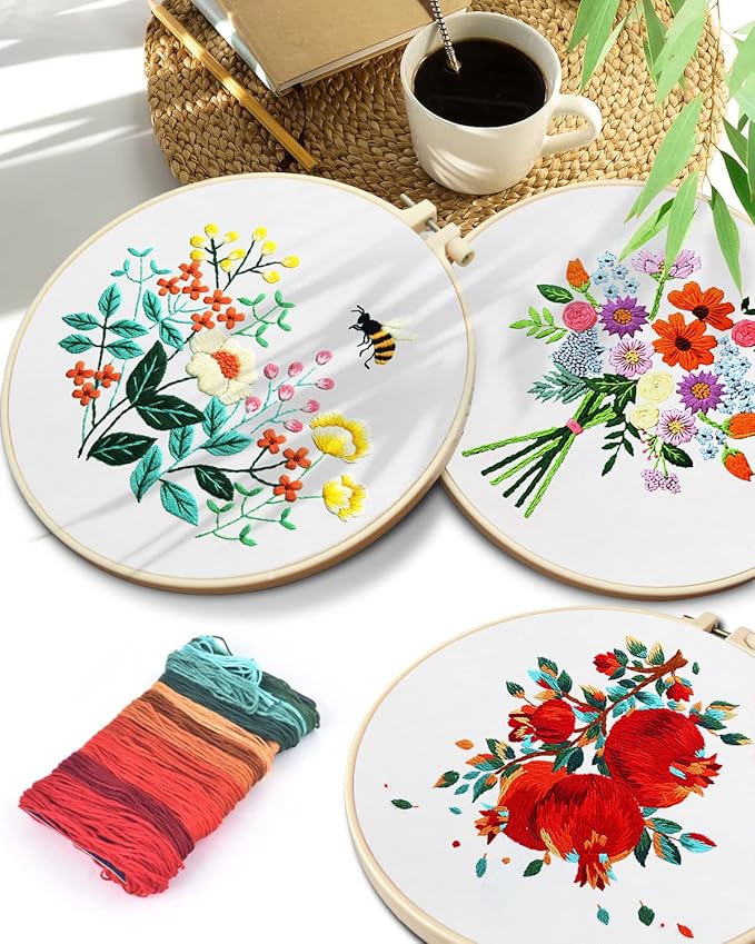 TINDTOP Embroidery Kit for Adult Beginners, Flowers Embroidery Kit for Beginners Include Embroidery Cloth Hoops Threads for Craft Lover Hand Stitch with Embroidery Skill Techniques