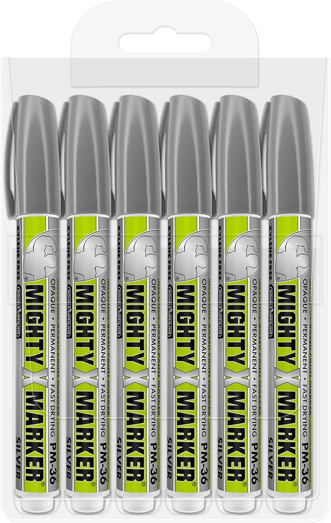 PM-36 Paint Marker, 2.3mm Bullet Tip, Permanent & Waterproof, DIY Crafts, Drawing, Glass, Ceramic, Stone, 6 Bonus Reversible Tips, Made in USA, Silver 6 Pack