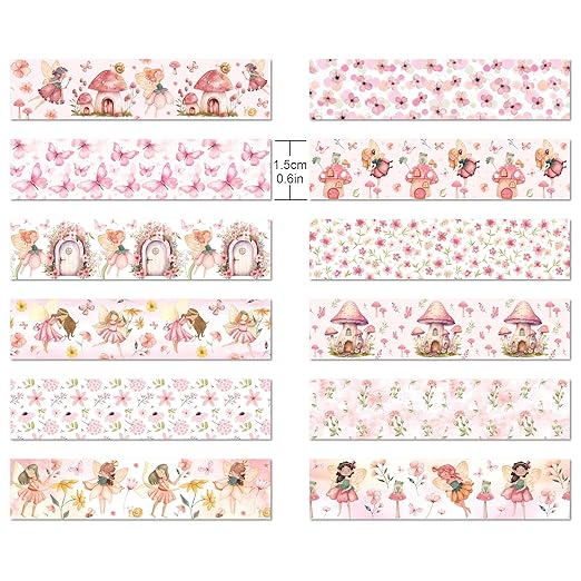 12 Rolls of Pink Fairy Washi Tape, Cute Elf Butterfly Mushroom Decorative Washi Masking Tape Paper Stickers for Journals, Planners, Scrapbooking, Party Decorative Tape, Crafts DIY