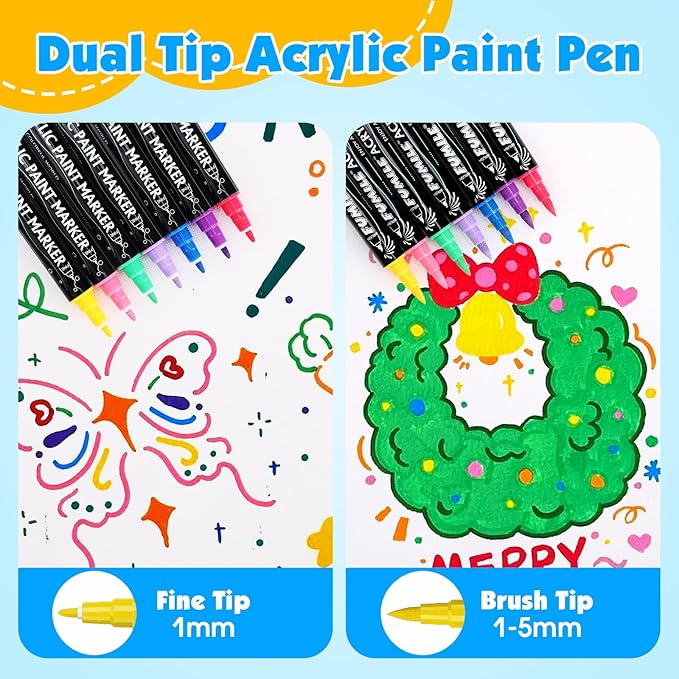 FUMILE 120 Colors Acrylic Paint Markers Dual Tip(Fine and Brush Tip), Acrylic Paint Pens paint Marker for Wood, Rock, Plastic, Glass, Ceramic, Canvas.Acrylic Markers Set for Art Supplies.