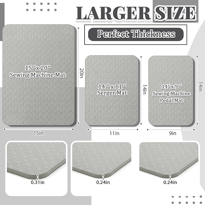 3 Pcs Sewing Machine Muffling Mat Pedal Mat Sewing Machine Pad No Slip Rubber Stay in Place Mats for Calms Vibration(Gray,15 x 20 Inch,14 x 9 Inch,14 x 11 Inch)