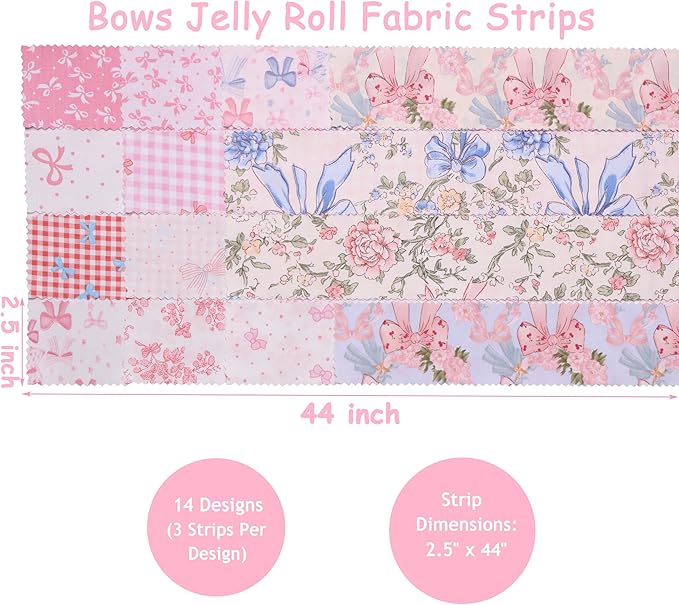 Hanjunzhao Bow Jelly Rolls for Quilting Clearance, 42 Strip 2.5" x 44" Jelly Roll Fabric, Soft Cotton Fabric Strips for Blanket, Rug, Gift Wrapping, Hair Band & Holiday Valentine Party Décor, Bows