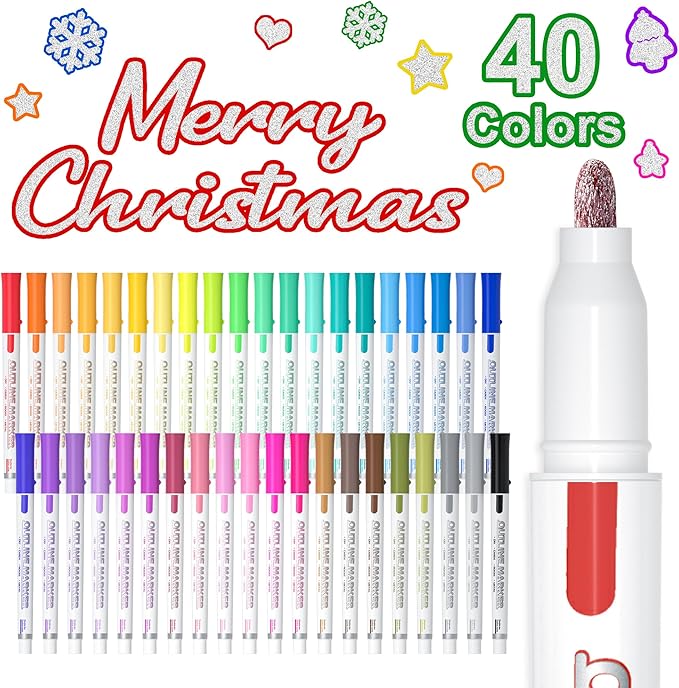 Shuttle Art Double Line Outline Permanent Markers, 40 Colors Squiggles Shimmer Markers Set, Self Outline Metallic Marker Pens for Art, Drawing, Doodling, Card Making, Christmas Card, DIY Crafts
