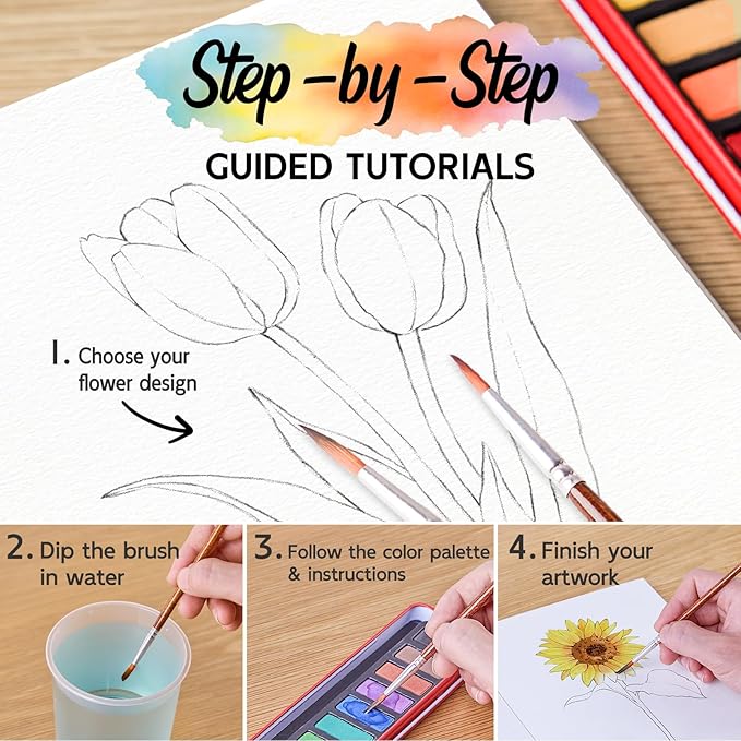 Watercolor Workbook for Beginners, Watercolor Paint Set, Arts & Crafts Water Color Book Notebook Practice Coloring Book for Adults and Teens with 12 Colors Painting Set & Brush (Flowers)