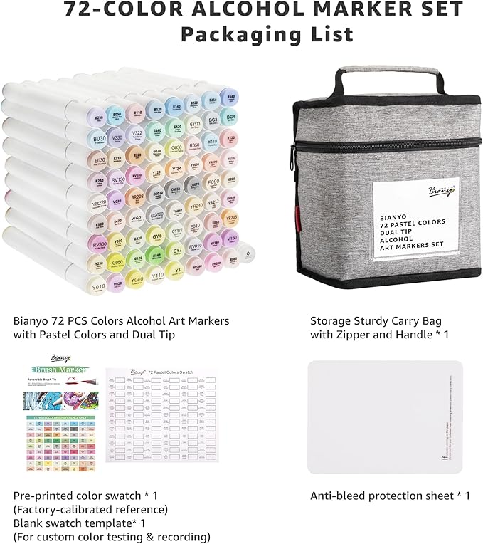 Bianyo 72 Pastel Colors Alcohol Markers Set, Dual Tip Brush & Fine Alcohol-Based Art Markers for Artists, Adults, Comics, Coloring, Drawing, Sketching, Illustration with Storage Bag