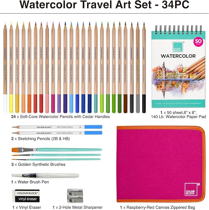 COLOUR BLOCK Watercolor Pencil Travel Art Set I 34pc Professional Drawing Kit, 50Sheets Drawing Pad, Paint Brushes I Vibrant Pigments for Coloring, Blending