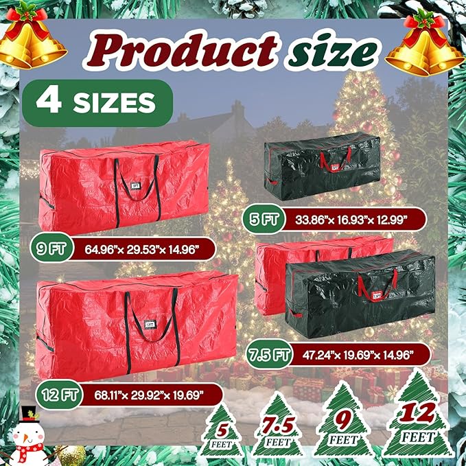 Amylove 4 Pcs Large Christmas Tree Storage Bags Heavy Duty Xmas Zippered Bags Bulk Waterproof Plastic Christmas Tree Container with Carry Handles(12 Ft/ 7.5 Ft/ 4.5 ft,Red/Green)