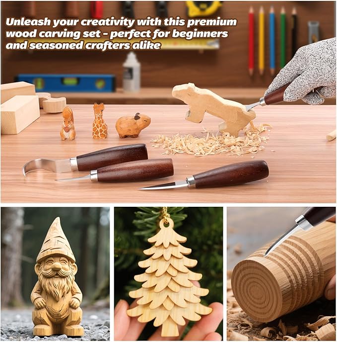 Wood Carving Kit for Beginners – 15PCS Whittling Set with 4 Carving Knives, 6 Basswood Blocks, Cut-Resistant Gloves, Polishing Tools & Storage Roll | DIY Craft Kits for Beginners