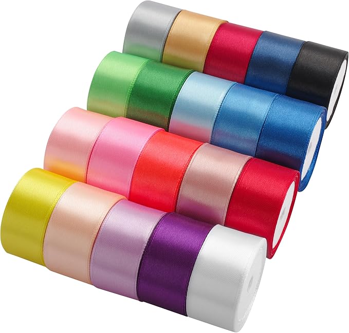 LIUYAXI 20 Colors Rainbow Ribbon Solid Color Assortment Double Face Satin Ribbon for Gift Wrapping Happy Birthday Wedding Party Decorations 1" X 5 Yard Each Total 100 Yds Per Package