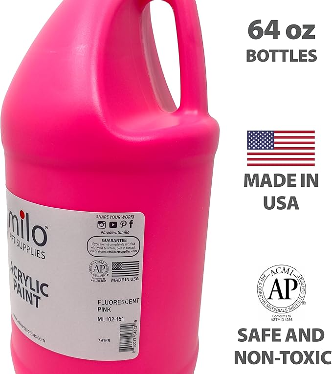 milo Fluorescent Pink Neon Acrylic Paint | 64 oz Bottle Half Gallon | Glows UV in Black Light | Non-Toxic Made in USA | Bulk Art Paint for Party, Student, Classroom, Artist