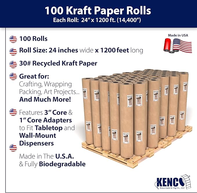 Brown Kraft Paper Roll - 24 Inch X 1200 Feet - for Gift Wrapping, Crafts, Packing, Void Filling - Made in The USA (Kraft 2 Pallets 100 Rolls)