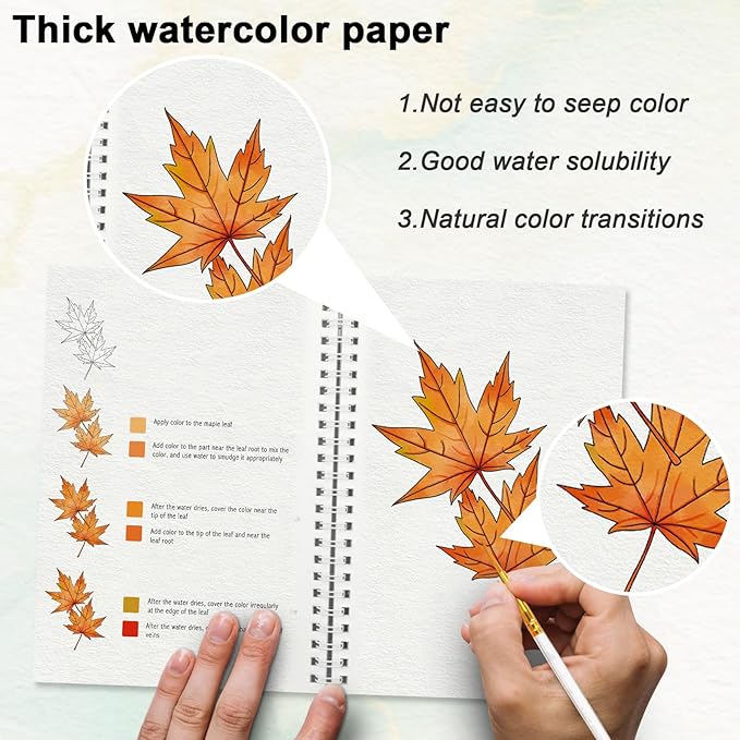 Watercolor Workbook for Beginners with Step-by-Step - 12 Watercolor Coloring Pages - 100% Cotton 300gsm/140lb Watercolor Paper - Gift for Women,Adults, Teens (Autumn)
