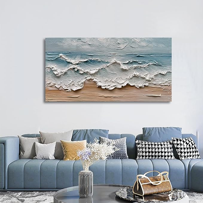 Art 24x48 inches Hand-Painted Sea Wave Beach Landscape Oil Painting Modern Abstract Canvas Art Large Oil Painting Home Office Wall Decoration